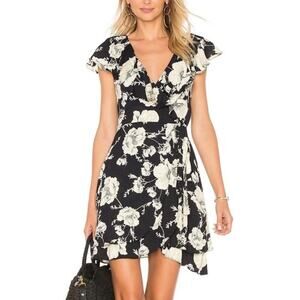 Free People French Quarter Wrap Mini Dress Black Floral Printed Size XS Ruffle
